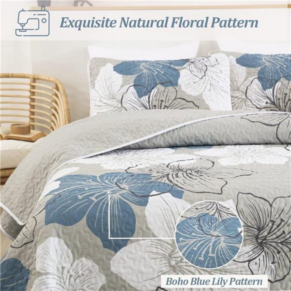 3 Pieces Quilt Set California King Blue Floral Pattern Quilt Coverlet - Picture 4 of 8